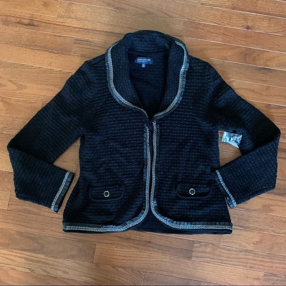 New JONES NEW YORK SIGNATURE Tweed Knit Sweater Blazer Jacket Black Petite L